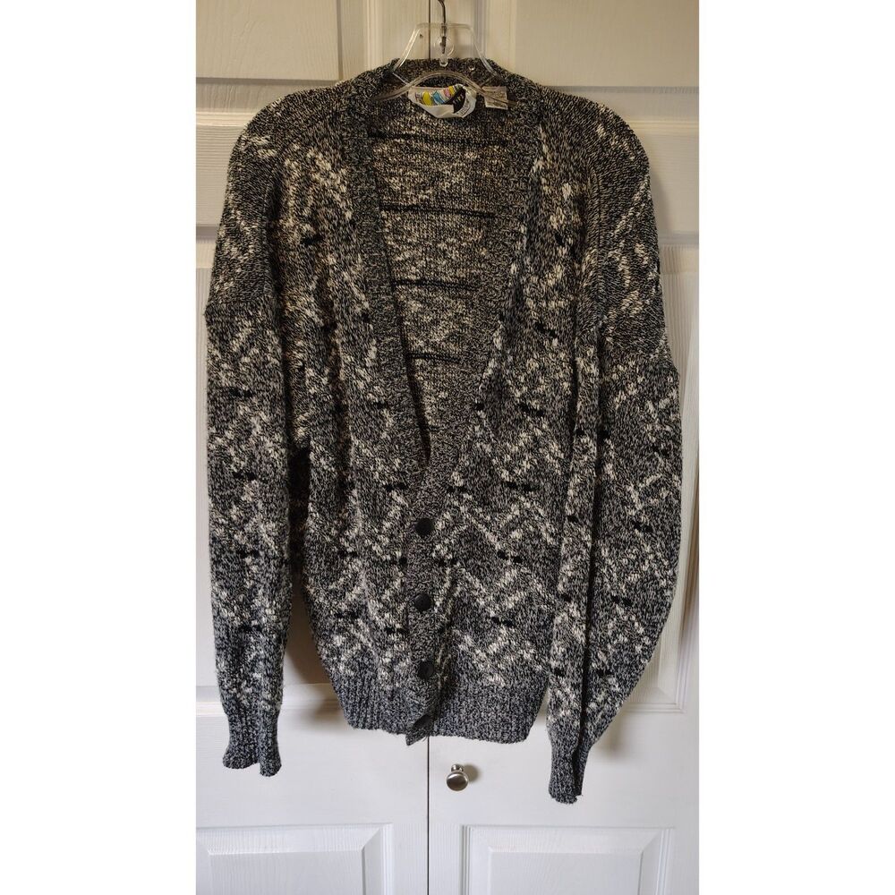 Proto-type Vtg Knit Cardigan Sweater Black White Geometric Button Front XL